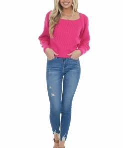 &merci Magenta Square Neckline Long Sleeve Sweater