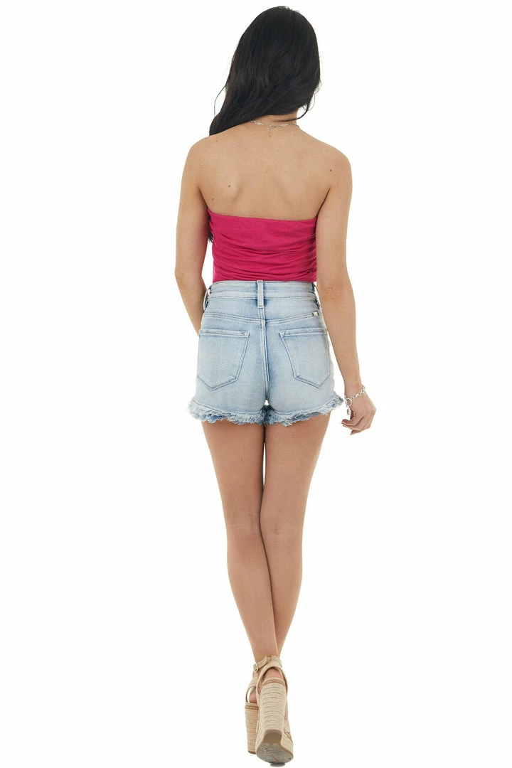 Entro Tops Magenta Strapless Stretchy Knit Bodysuit With Ruched Sides 9 Entro Tops Magenta Strapless Stretchy Knit Bodysuit With Ruched Sides