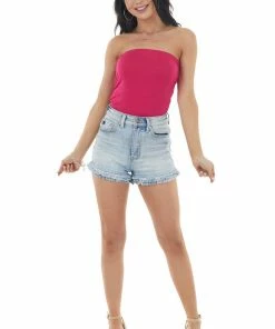 Entro Tops Magenta Strapless Stretchy Knit Bodysuit With Ruched Sides