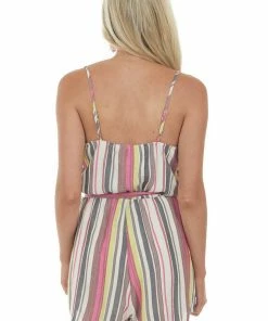 Staccato Magenta Striped Surplice Romper With Waist Tie