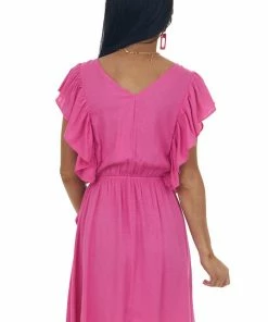 Glam Magenta Surplice Neck Ruffle Sleeve Short Dress