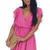 Glam Magenta Surplice Neck Ruffle Sleeve Short Dress