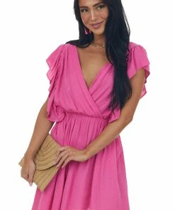Glam Magenta Surplice Neck Ruffle Sleeve Short Dress