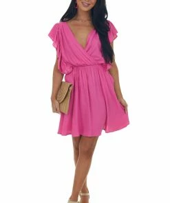 Glam Magenta Surplice Neck Ruffle Sleeve Short Dress