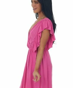 Glam Magenta Surplice Neck Ruffle Sleeve Short Dress