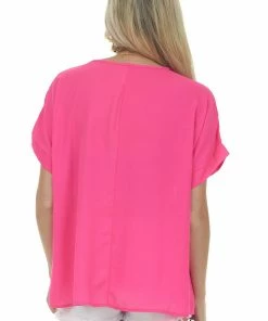 HESED Tops Magenta V Neck Short Dolman Sleeve Woven Top
