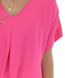 HESED Tops Magenta V Neck Short Dolman Sleeve Woven Top