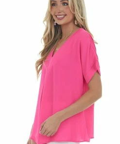 HESED Tops Magenta V Neck Short Dolman Sleeve Woven Top