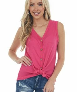 7th Ray Magenta Waffle Knit Front Tie Button Up Top Tops