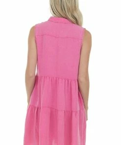 Umgee Magenta Washed Button Down Frayed Hem Dress