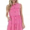 Umgee Magenta Washed Button Down Frayed Hem Dress