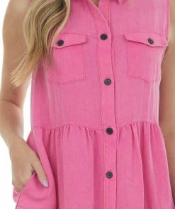 Umgee Magenta Washed Button Down Frayed Hem Dress
