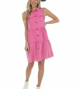 Umgee Magenta Washed Button Down Frayed Hem Dress