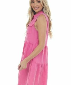Umgee Magenta Washed Button Down Frayed Hem Dress