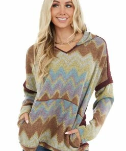 RAE MODE Tops Mahogany Aztec Print Long Sleeve Top With Hood And Pockets