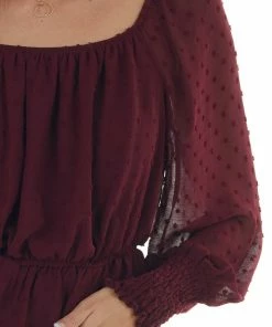 She + Sky Mahogany Long Sleeve Peplum Swiss Dot Blouse