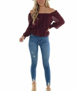 She + Sky Mahogany Long Sleeve Peplum Swiss Dot Blouse