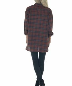 Lime Lush Tops Mahogany Plaid Single Chest Pocket Flannel