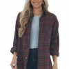 Lime Lush Tops Mahogany Plaid Single Chest Pocket Flannel
