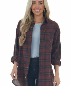 Lime Lush Tops Mahogany Plaid Single Chest Pocket Flannel