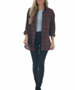 Lime Lush Tops Mahogany Plaid Single Chest Pocket Flannel