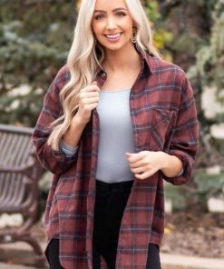 Lime Lush Tops Mahogany Plaid Single Chest Pocket Flannel