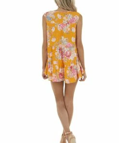 ANGIE Mango Orange Floral Print Sleeveless Tiered Tunic Tank Top Tops