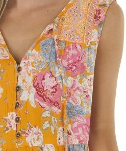 ANGIE Mango Orange Floral Print Sleeveless Tiered Tunic Tank Top Tops