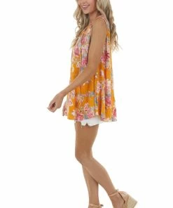 ANGIE Mango Orange Floral Print Sleeveless Tiered Tunic Tank Top Tops