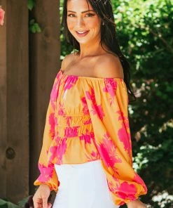 Lime Lush Tops Marigold Floral Print Off Shoulder Long Sleeve Top