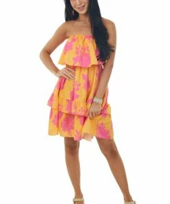 Lime Lush Marigold Floral Print Strapless Overlay Short Dress