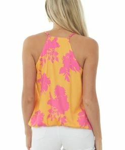 Lime Lush Tops Marigold Floral Print Surplice Woven Tank Top