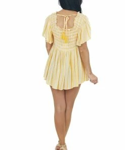 Jodifl Marigold Striped Smocked Bodice Peplum Blouse Tops