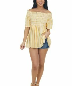 Jodifl Marigold Striped Smocked Bodice Peplum Blouse Tops