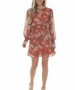 Peach Love Marmalade Floral Keyhole Front Smocked Dress Dresses