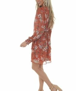Peach Love Marmalade Floral Keyhole Front Smocked Dress Dresses