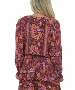 Umgee Maroon And Sienna Floral Print Surplice Ruffle Dress