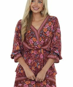 Umgee Maroon And Sienna Floral Print Surplice Ruffle Dress