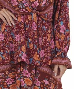 Umgee Maroon And Sienna Floral Print Surplice Ruffle Dress