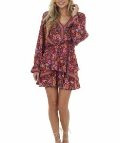 Umgee Maroon And Sienna Floral Print Surplice Ruffle Dress