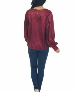Vine & Love Tops Maroon Checkered Long Sleeve Satin Blouse