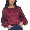 Vine & Love Tops Maroon Checkered Long Sleeve Satin Blouse