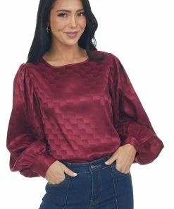 Vine & Love Tops Maroon Checkered Long Sleeve Satin Blouse