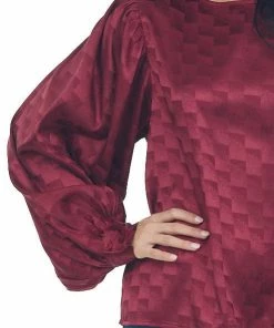 Vine & Love Tops Maroon Checkered Long Sleeve Satin Blouse