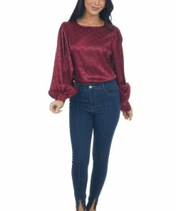 Vine & Love Tops Maroon Checkered Long Sleeve Satin Blouse