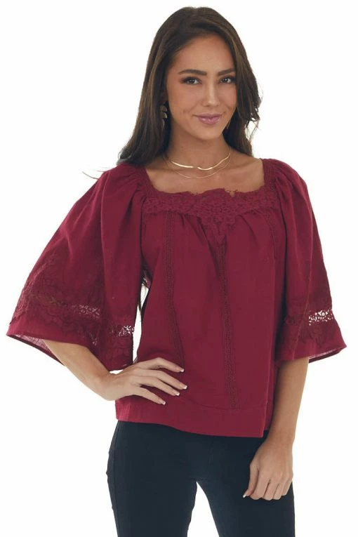 Umgee Maroon Flare Sleeve Lace Trim Blouse 4 Umgee Maroon Flare Sleeve Lace Trim Blouse