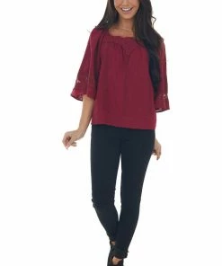 Umgee Maroon Flare Sleeve Lace Trim Blouse