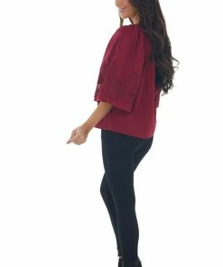 Umgee Maroon Flare Sleeve Lace Trim Blouse