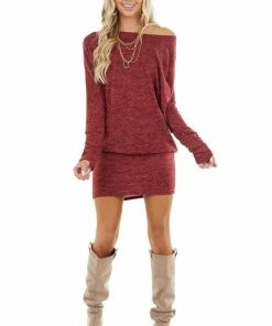EG Fashion Maroon Long Sleeve Tunic Dress With Long Banded Hem Dresses