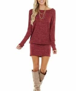 EG Fashion Maroon Long Sleeve Tunic Dress With Long Banded Hem Dresses